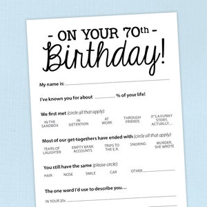 70th Birthday Party Game Card, 25 Funny Printed Cards - Etsy