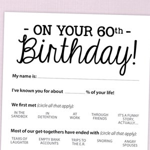 60th Birthday Party Game Card, Funny Milestone Printable PDF image 3
