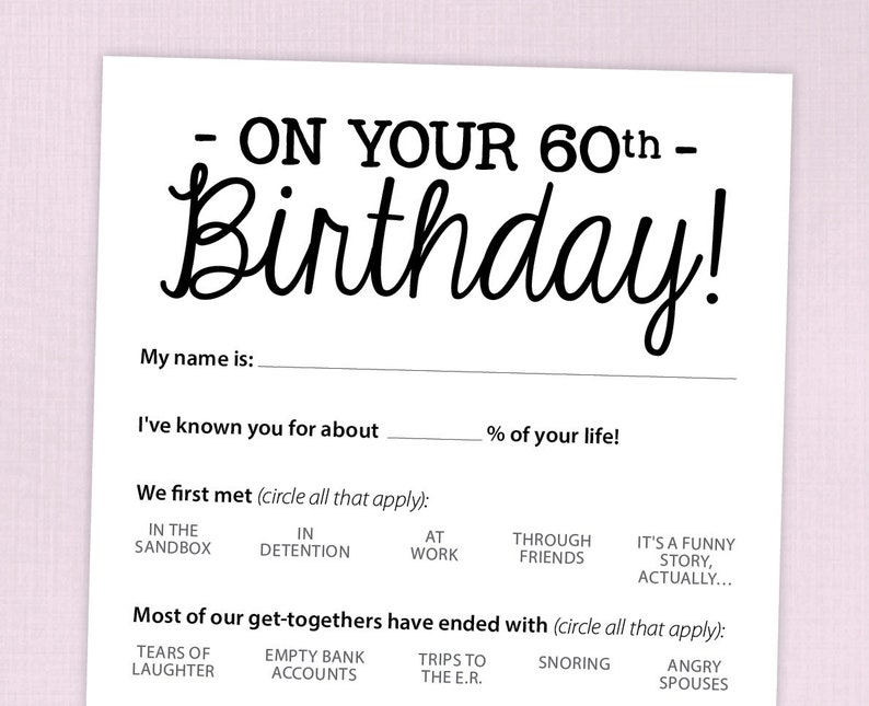 60th Birthday Party Game Card, Funny Milestone Printable PDF image 3