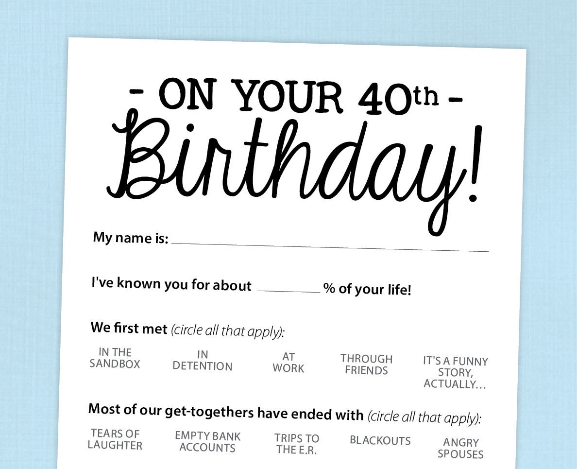 40th Birthday Party Game Card, Funny Milestone Printable PDF - Etsy