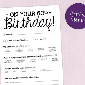 60th Birthday Party Game Card, Funny Milestone Printable PDF image 1