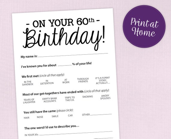 60th Birthday Party Game Card Funny Milestone Printable PDF Etsy