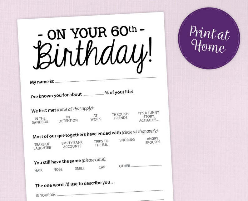 60th Birthday Party Game Card, Funny Milestone Printable PDF image 1