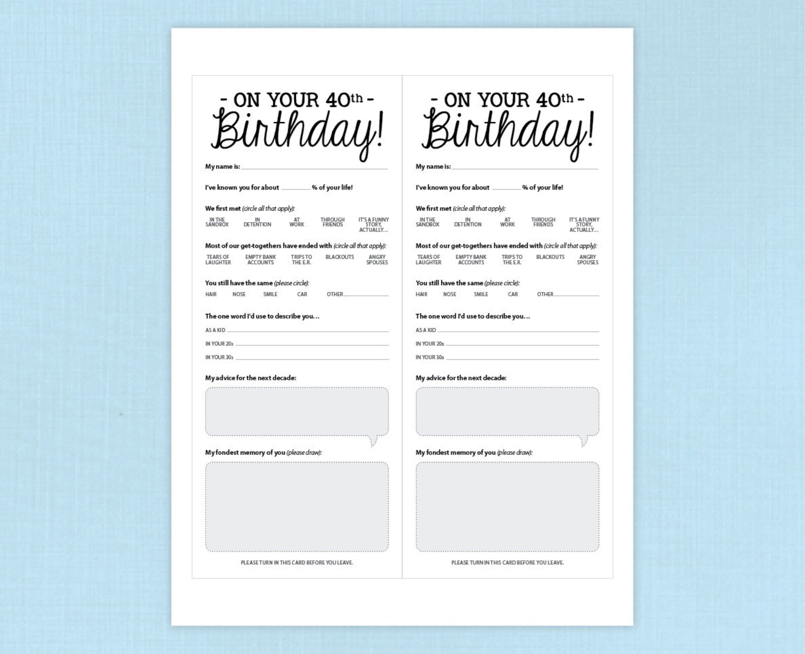 40th Birthday Party Game Card, Funny Milestone Printable PDF - Etsy