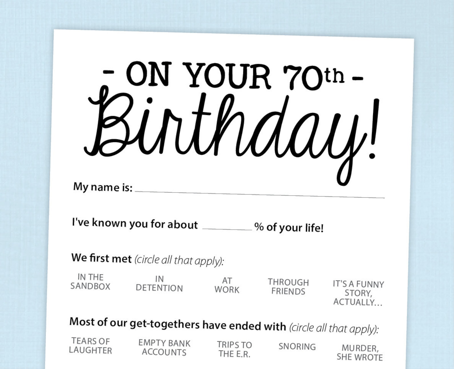 70th Birthday Party Game Card, Funny Milestone Printable PDF - Etsy