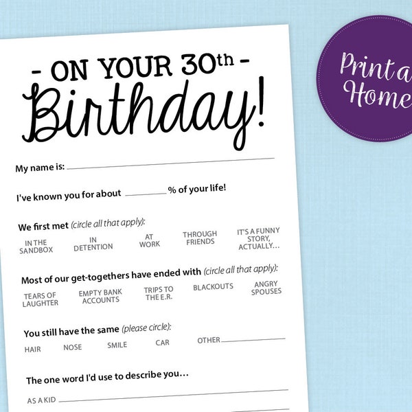 Funny 30th Birthday Party Game Card, Printable PDF, Milestone