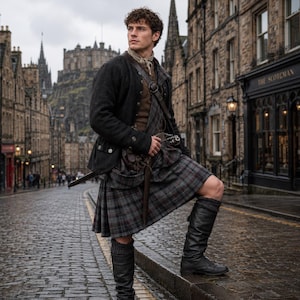 Pode incluir: Uma pessoa veste um casaco de lã cinzento-escuro, um colete castanho e um kilt de xadrez cinzento com um sporran de couro. O traje inclui um lenço de cor clara, meias de lã cinzento-escuro e botas de couro pretas numa rua de calçada.