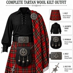 May include: A complete tartan wool kilt outfit featuring a black Jacobite shirt, a Royal Stewart tartan kilt, a black sporran with a Masonic badge, a belt with a Masonic buckle, a sword-shaped kilt pin, a Masonic brooch, navy blue kilt hoses, and tartan flashes.