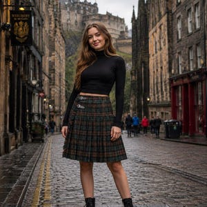Può includere: Un top nero a maniche lunghe con collo alto abbinato a un kilt plissettato al ginocchio con motivo a quadri verde scuro, marrone e nero. Il kilt presenta due fibbie metalliche color argento sul lato. Stivali neri stringati completano il look.