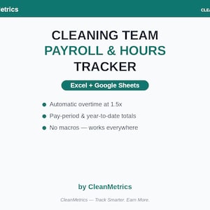 Peut inclure: Un modèle de feuille de calcul numérique Cleaning Team Payroll & Hours Tracker pour Excel et Google Sheets. L'interface blanche présente du texte vert foncé, incluant le titre, la compatibilité et des fonctions comme les heures supplémentaires automatiques à 1,5x.