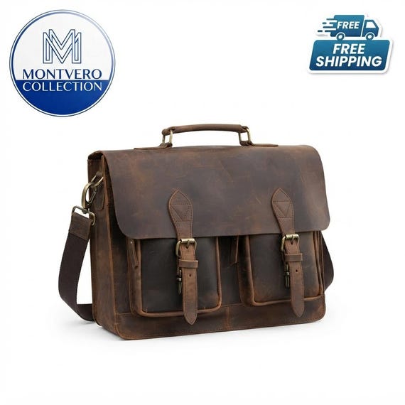Brown Buffalo Leather Briefcase, Vintage Messenger Laptop Bag, Top Grain Leather
