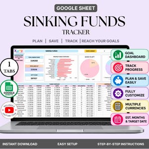 May include: A digital Google Sheet sinking funds tracker displayed on a laptop screen. The interface features a dashboard with charts, tables, and financial data. Text includes SINKING FUNDS TRACKER, PLAN, SAVE, TRACK, REACH YOUR GOALS, and feature labels.