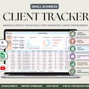 Könnte beinhalten: Eine digitale Client-Tracker-Vorlage für Google Sheets auf einem Laptop-Bildschirm. Die Benutzeroberfläche umfasst Registerkarten für Kundendatenbank, Vertriebspipeline, Aufgabenverfolgung, Kommunikationsprotokoll, Dashboard und Lead-Management.