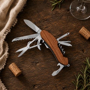 May include: A multi-tool pocket knife featuring a polished stainless steel frame with a natural wood handle. The tool is shown with several implements extended, including a main blade, a saw, scissors, a corkscrew, and a bottle opener.