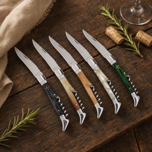 May include: Five folding pocket knives with metallic blades and integrated corkscrews. The handles feature distinct finishes including dark blue, cream, light brown wood, white marbled, and emerald green, each accented with small brass pins.