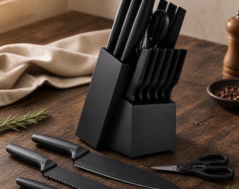 14-Piece Stainless Steel Knife Set with Block, Black Handle Chef Steak Knives Shears