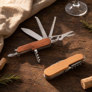 May include: Two multi-tool pocket knives with wooden handles and stainless steel components. One knife is fully open, displaying a blade, two serrated saws, scissors, a corkscrew, and a flathead screwdriver. The second knife is closed.