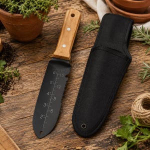 May include: A black metal garden trowel with a light wood handle and a black fabric sheath. The blade features printed measurement markings from 2 to 6 inches and 6 to 15 centimeters, along with a serrated edge on one side for cutting roots.