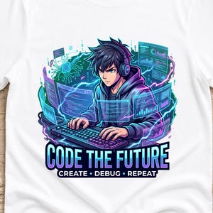 Peut inclure: Un t-shirt blanc avec une illustration représentant une personne portant un casque et tapant sur un clavier, entourée d'écrans numériques lumineux et de code. Le texte indique CODE THE FUTURE, CREATE, DEBUG, REPEAT en lettres bleues et violettes.