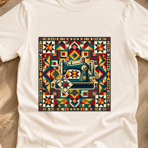 Quilter Sewing Machine T-Shirt, Geometric Quilt Blocks Gift, Patchwork Pattern Graphic Tee, Sewing Lover Gift, Quilting Art Shirt