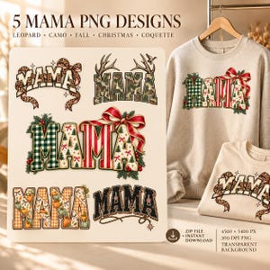 Mama PNG Bundle, 5 Leopard Camo Coquette Fall Christmas Designs, DTF Sublimation Digital Download