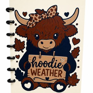 Highland Cow Mini Binder – Hoodie Weather Fall Notebook – Cute Autumn Journal – 3D Printed Cow Gift