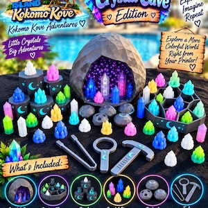 Pode incluir: Um conjunto de jogo Crystal Cave impresso em 3D com uma caverna geométrica cinzenta, um tabuleiro de triagem, pedestais de exibição e inúmeras peças de cristal coloridas. Inclui ferramentas de plástico cinzento: pinça, lupa e martelo.