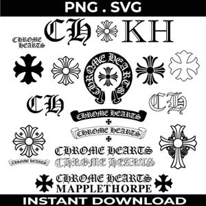 May include: A collection of black and white graphic designs featuring the text PNG . SVG, CH, KH, and CHROME HEARTS. The image includes various cross symbols, circular emblems, and banner-style text elements, all presented as a digital file set.