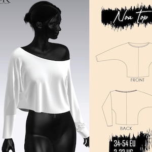 May include: A white long-sleeve top with a wide neckline and a cropped hem. The image includes a technical line drawing labeled Noa Top showing front and back views, with sizing information listed as 34-54 EU and 2-22 US, and a PDF download icon.