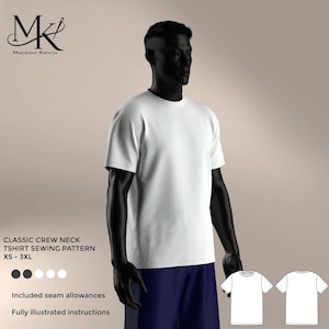 May include: A white short-sleeved crew neck t-shirt worn by a dark-skinned mannequin. The image includes the text Maison Kavia, Classic Crew Neck Tshirt Sewing Pattern XS - 3XL, Included seam allowances, and Fully illustrated instructions.