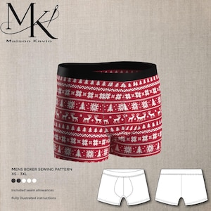 Pode incluir: Um molde de costura para cuecas boxer em vermelho e branco com uma estampa natalícia repetida de renas, flocos de neve e pinheiros. O design inclui um cós preto, com desenhos técnicos adicionais mostrando as vistas frontal e traseira.