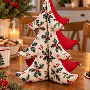 May include: A fabric Christmas tree decoration featuring a cream-colored exterior with a green holly leaf and red berry pattern, contrasted by solid red fabric on the interior sides, accented with small gold jingle bells on the branch tips.