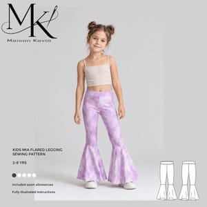 May include: A sewing pattern for kids Mia flared leggings, sized for 2-8 years. The product features a beige tank top and purple tie-dye flared leggings. The text reads Maison Kavio, Kids Mia Flared Legging Sewing Pattern, 2-8 yrs.