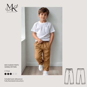 May include: A sewing pattern for kids Sunday pants, sized for 2-14 years, featuring a technical line drawing of the trousers with an elastic waistband and drawstring. The design includes seam allowances and fully illustrated instructions.
