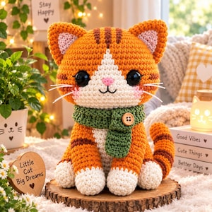 Può includere: Un peluche a forma di gatto tigrato arancione e bianco realizzato all'uncinetto con grandi occhi neri, naso rosa e baffi bianchi. Il gatto indossa una sciarpa verde testurizzata con un bottone in legno. È seduto su una base circolare in legno.