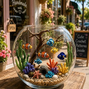 May include: A clear glass fishbowl containing a decorative arrangement of crocheted marine life, including several small colorful fish suspended from a central driftwood branch, green yarn seaweed, and various crocheted coral pieces resting on a bed of light-colored pebbles.