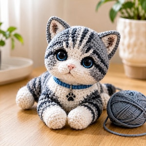 Puede incluir: Una figura de gato atigrado tejida a ganchillo en gris y blanco con grandes ojos azules, nariz rosa y un collar azul con un dije de huella plateado. Una bola de hilo gris se encuentra junto al gato, que tiene patas blancas.