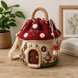 May include: A crochet bucket bag shaped like a mushroom house with a red cap featuring white spots, a cream-colored base, a brown arched door, small windows, and floral embroidery. It includes a top handle, a drawstring closure, and a small mushroom charm.