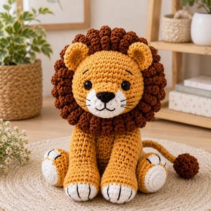 Può includere: Un leone di peluche lavorato all'uncinetto con corpo giallo dorato, una criniera testurizzata marrone scuro e dettagli bianchi sul viso e sulle zampe. Il giocattolo ha occhi di sicurezza neri, un naso ricamato nero e una lunga coda con un ciuffo.