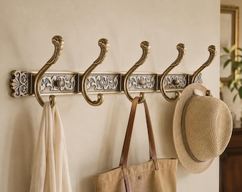 Antique Brass Wall Rack, Ornate Multi Hook Hanger, Vintage Coat & Entryway Organizer