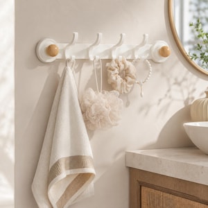 May include: A white wall-mounted rack with four curved hooks and two light wood knobs at the ends. Hanging from the hooks are a cream-colored towel with a tan stripe, a beige mesh bath sponge, a ruffled fabric scrunchie, and a white beaded bracelet.