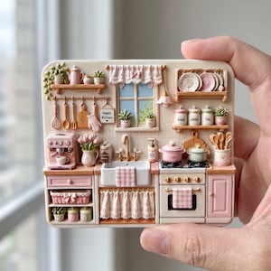 以下が含まれることがあります： ピンクのエスプレッソマシン、チェック柄のタオルがかかった白いシンク、ピンクの鍋がのったコンロ、皿が並ぶ棚、sugar、coffee、teaと書かれたキャニスター、Happy Kitchenと書かれた看板があるミニチュアのキッチンシーン。