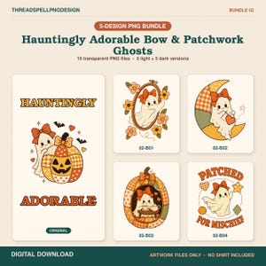 Könnte beinhalten: Ein digitales Paket mit 5 PNG-Dateien mit dem Titel Hauntingly Adorable Bow & Patchwork Ghosts. Die Grafiken zeigen Cartoon-Geister mit orangefarbenen Schleifen, Kürbissen, Monden und Blumenrahmen in einer warmen Farbpalette aus Orange, Braun und Creme.