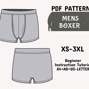 May include: A digital sewing pattern for boxer shorts in sizes XS-3XL. The image displays a front and back view of light grey boxers with visible stitching, alongside the text PDF PATTERNS MENS BOXER, XS-3XL, and Beginner Instruction Tutorial A4+A0+US-LETTER.