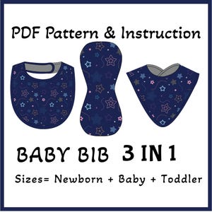 May include: A PDF pattern and instruction for a 3-in-1 baby bib set in newborn, baby, and toddler sizes. The graphic displays three dark blue bib shapes featuring a repeating pattern of light blue, pink, and white stars and curved lines.