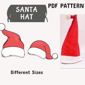 May include: A PDF pattern for a Santa hat featuring two illustrated red and white hats and one physical red and white velvet Santa hat. The text reads SANTA HAT, PDF PATTERN, and Different Sizes. The design includes a white pom-pom.
