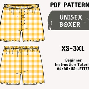 May include: A digital illustration of yellow and white gingham boxer shorts with an elastic waistband and a single button fly. The text reads PDF PATTERNS UNISEX BOXER XS-3XL Beginner Instruction Tutorial A4+A0+US-LETTER.