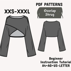 Op de afbeelding: Een digitale illustratie van een grijs bolero-vest met lange mouwen en een korte zoom. De tekst luidt PDF PATTERNS, Overlap Shrug, XXS-XXXL en Beginner Instruction Tutorial A4+A0+US-LETTER. Het ontwerp toont voor- en achteraanzichten.