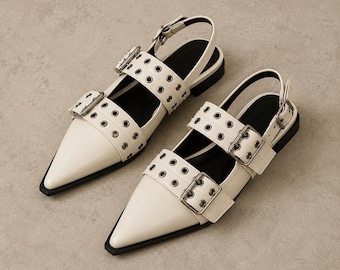 Women's Pointed Toe Slingback Flats, Double Buckle Eyelet Detail Shoes