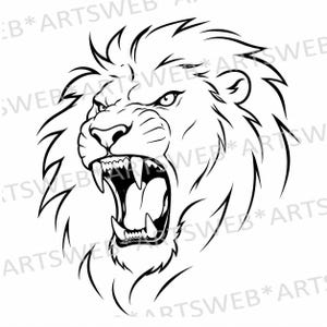 May include: A black and white line art illustration of a roaring lion head with a full mane, sharp teeth, and an aggressive expression. The design features bold, clean outlines and is overlaid with a repeating watermark text that reads ARTSWEB.
